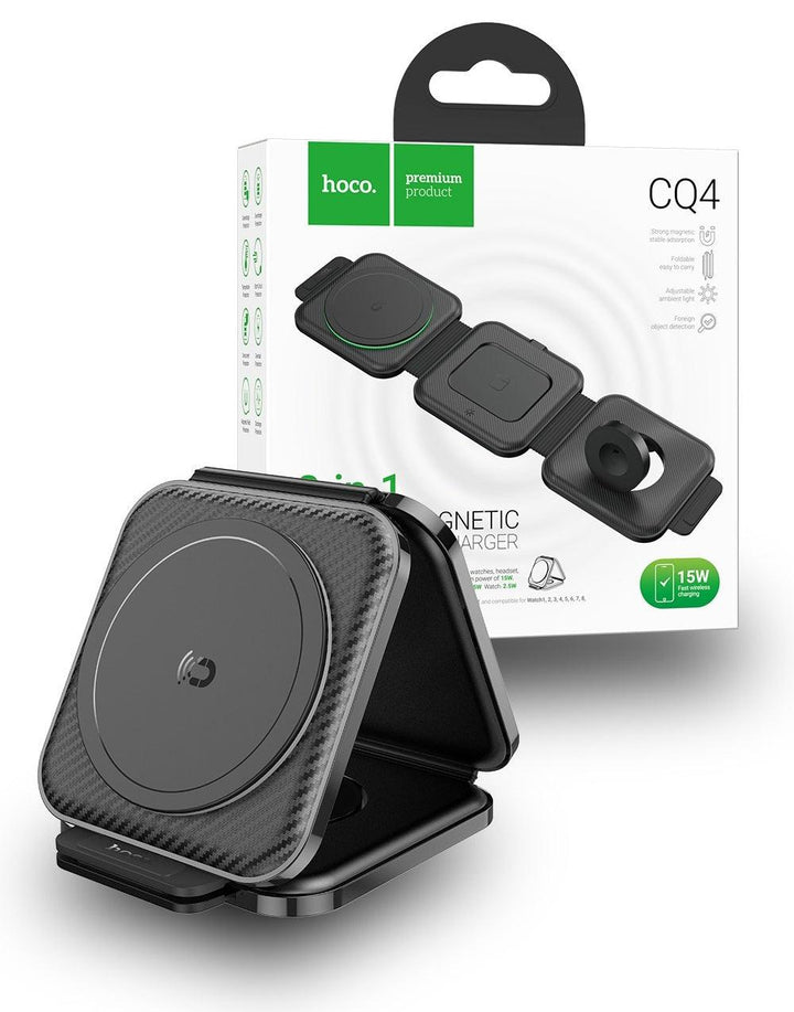 Hoco CQ4 20W 3-in-1 Folding Magnetic Wireless Fast Charger - Black - iCELL MOBILE