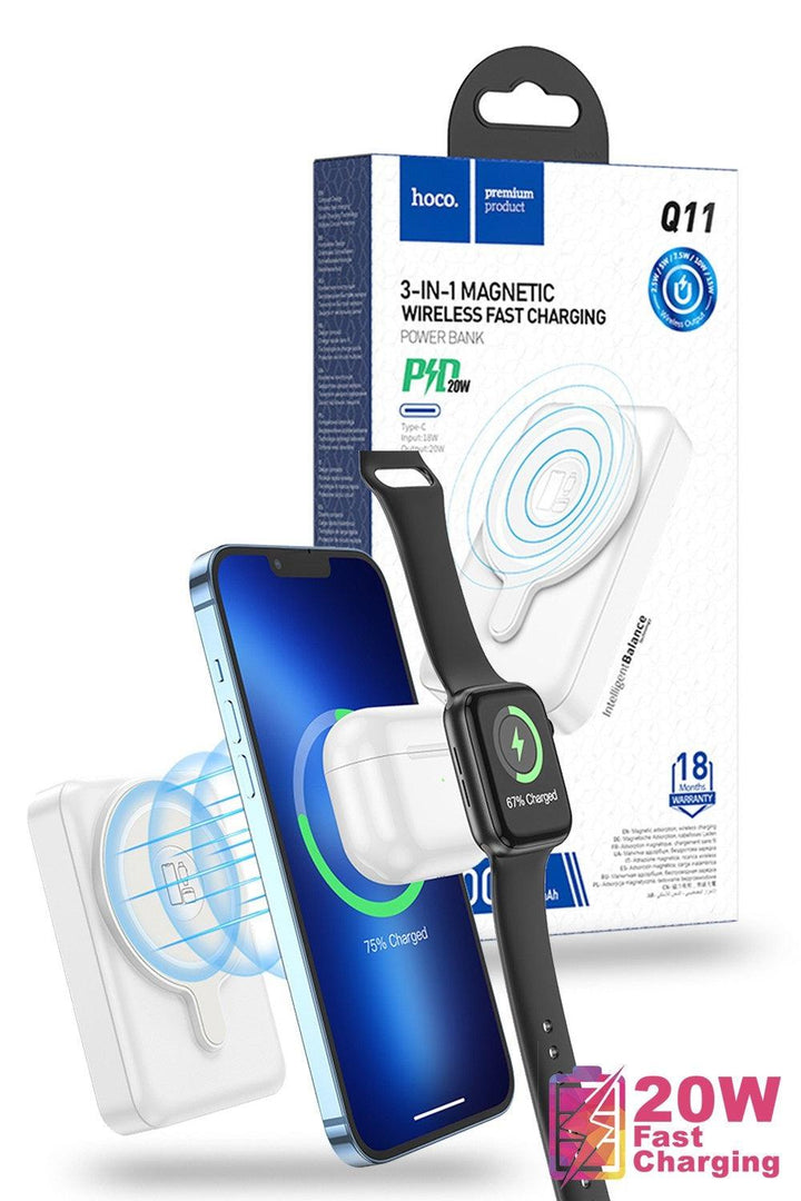 Hoco Q11 20W 10000mAh 3-in-1 Magnetic Wireless Charging Power bank - White - iCELL MOBILE