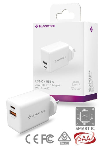 BLACKTECH BC03 USB-C & USB-A 30W PD Adapter - White - iCELL MOBILE iCELL MOBILE