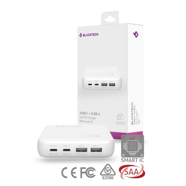 BLACKTECH BC06 Dual USB-C Dual USB-A 65W PD Adapter Smart IC - White