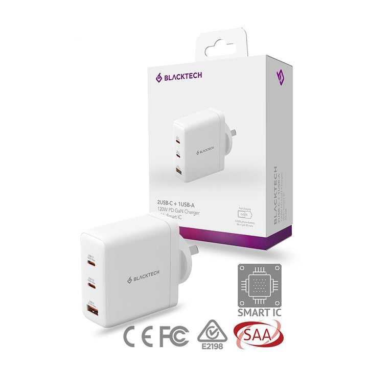 BLACKTECH 120W PD + QC 3-Port Fast Charger (SAA Approved) - White