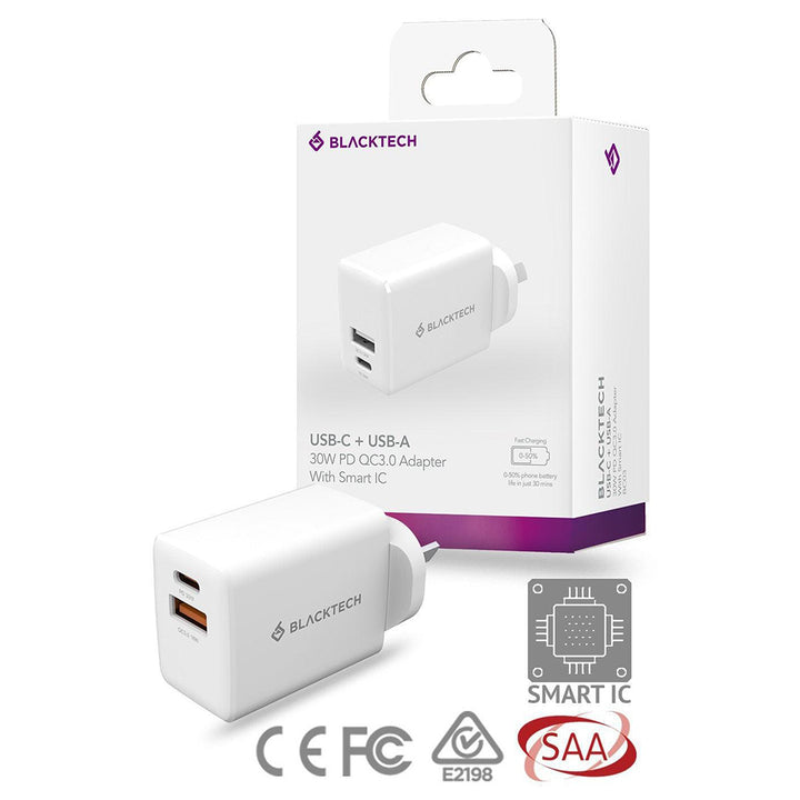 BLACKTECH BC03 USB-C & USB-A 30W PD Adapter - White