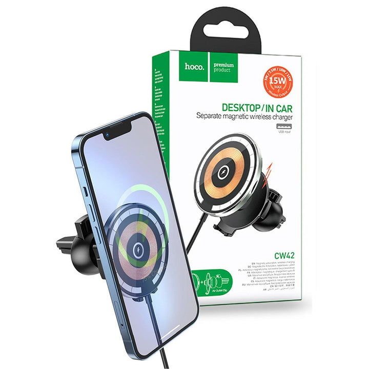 Hoco CW42 15W Magnetic Wireless Charging Car Air Vent Holder - Black