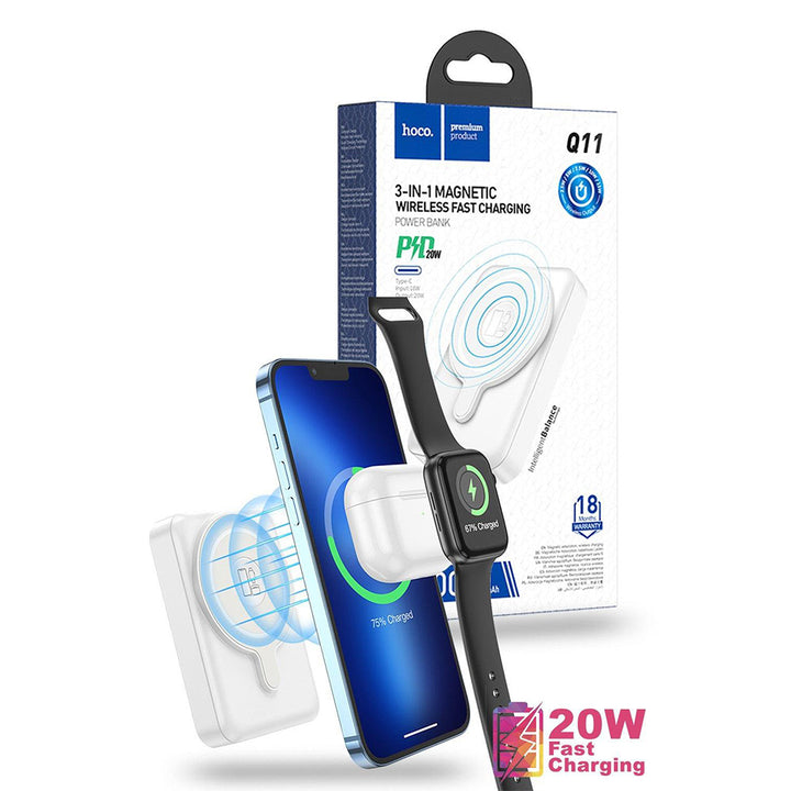 Hoco Q11 20W 10000mAh 3-in-1 Magnetic Wireless Charging Power bank - White