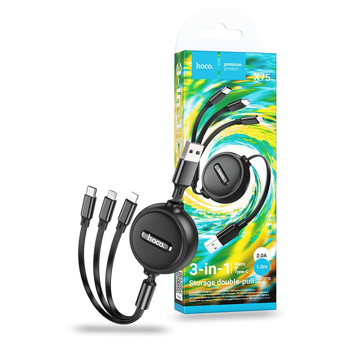 Hoco X75 Retractable 3-in-1 Cable – USB-C, Lightning, Micro-USB