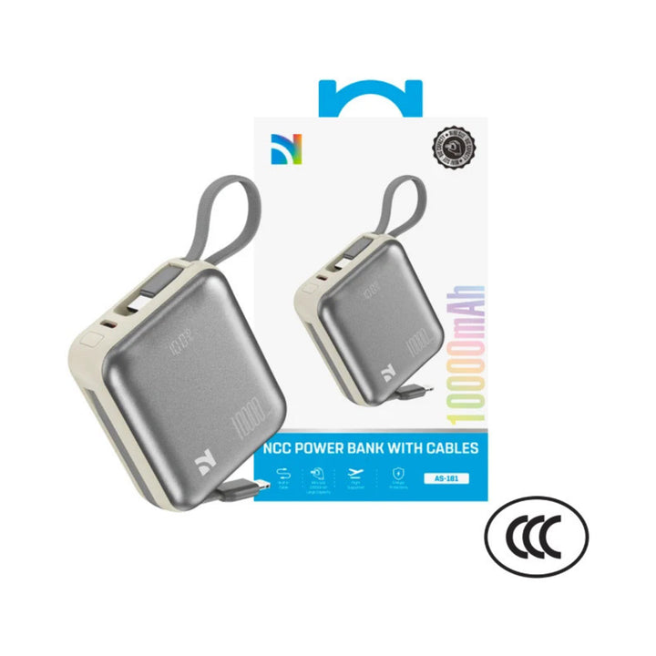NCC AS-181 10000mAh 22.5W Power Bank with Built-in Cables & Display