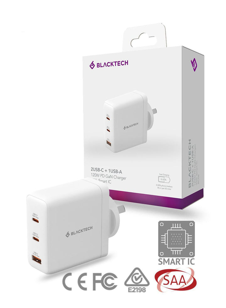 BLACKTECH 120W PD + QC 3-Port Fast Charger (SAA Approved) - White