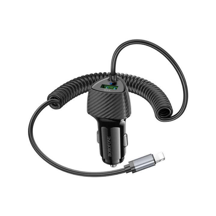 Borofone BZ31E 30W Dual Car Charger with Coiled Lightning Cable Black
