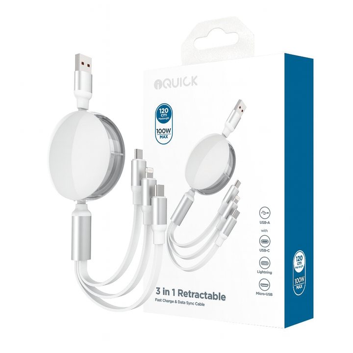 iQuick 3-in-1 100W Retractable Fast Charge Cable – White